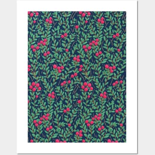 Organic wild berries pattern in navy blue Posters and Art